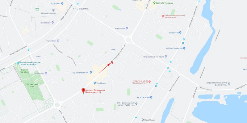 Билборд/Щит, Киев, Червоної калини пр. (Маяковського пр-т) 32, рух в напрямку супермаркету "Сільпо", "Варус", "Новус" та "Нова Пошта"
