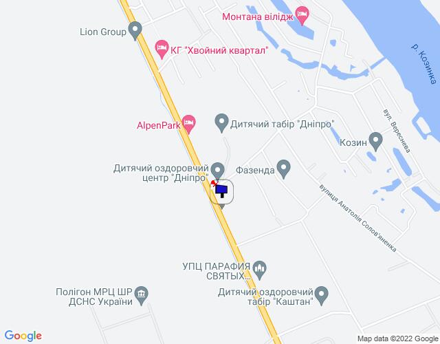 Білборд/Щит, Козин, Конча-Заспа, траса Р-01, км 32+000 ліво, навпроти автобусної зупинки, через 100м після повороту на вул. Лобановського, через 400м після готелю "AlpenPark", через 750м після котеджного містечка "Хвойний Квартал", за 150м до повороту на с. П'ятихатки (вул.