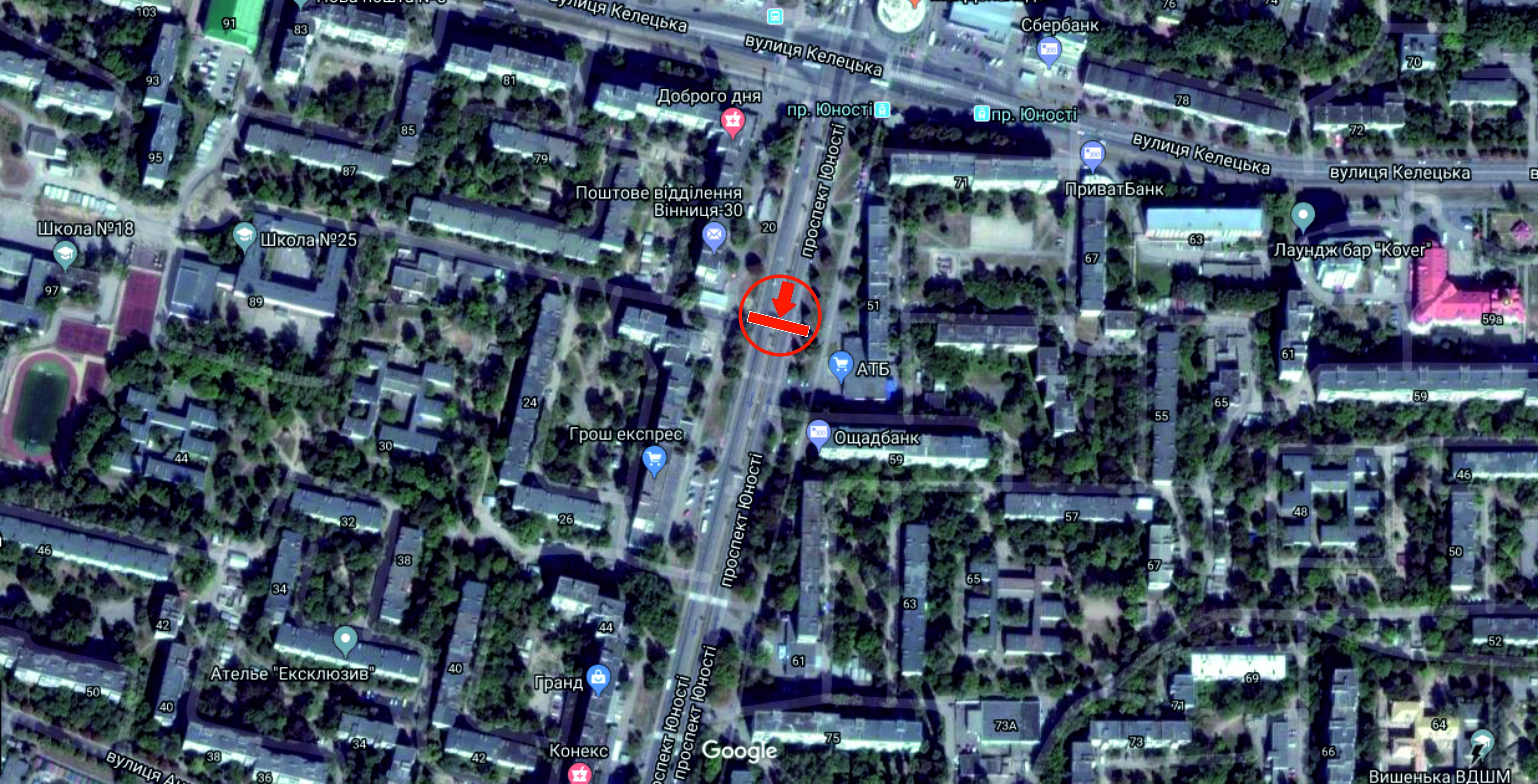 Билборд/Щит, Винница, пр. Юності (навпроти АТБ) (розподільник) до вул. А.Первозванного