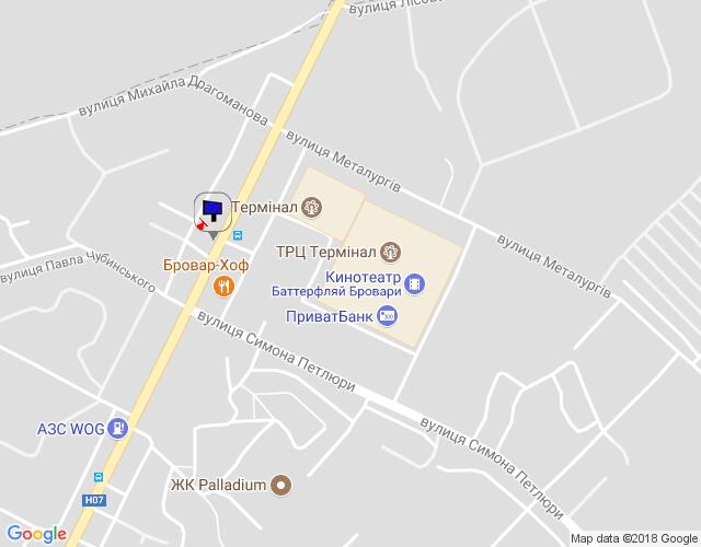 Билборд/Щит, Бровары, м. Бровари, вул. Київська, навпроти ТРЦ "Термінал" та магазину "МегаМаркет", через 95м після розвилки з вул. Павла Чубинського та вул. Симона Петлюри, через 245м після повороту на вул. Василя Стефаника, через 265м після АЗС "WOG", за 60м до АЗС "КЛО", за