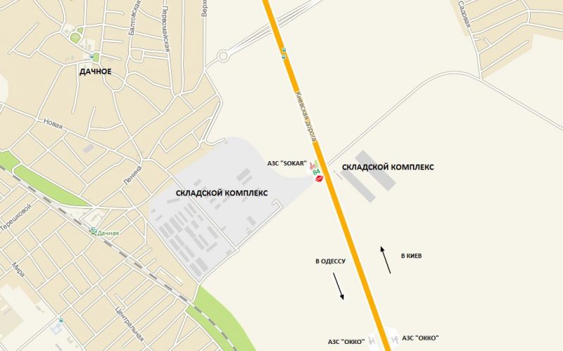 Білборд/Щит, Траси, Одеса-Київ (452+870км).За Клеверным мостом з Одеси, складський комплекс, перед АЗС Sokar