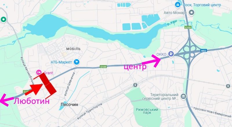 Арка/Реклама на мостах, Траси, Арка-Полтавський шлях-Пісочин-вул. Автомобільна-в центр