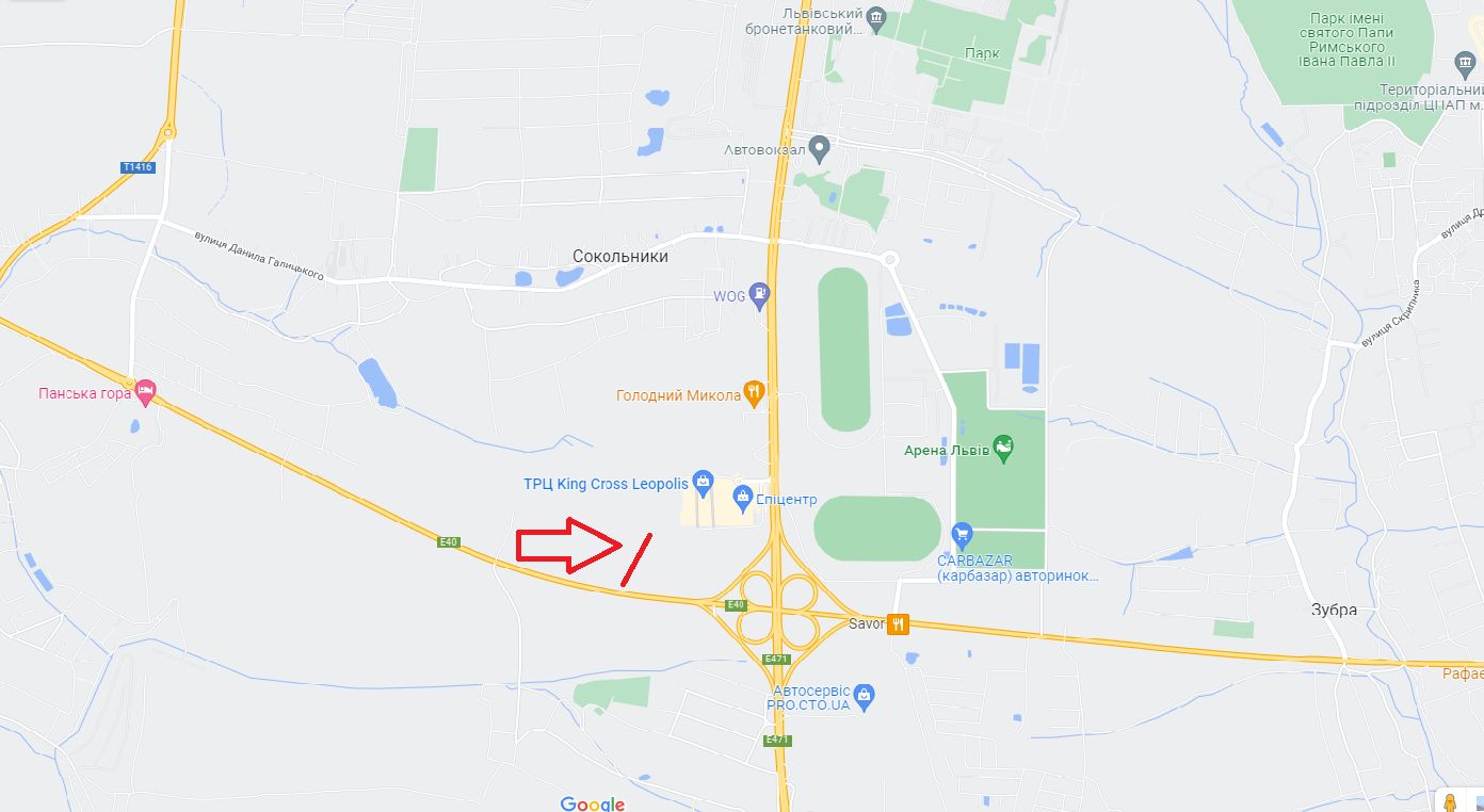 Білборд/Щит, Траси, М-10, Західний обхід м. Львова, км 14+400, King Cross Leopolis, Епіцентр, Арена Львів ліворуч