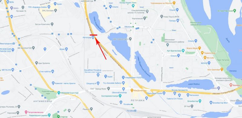 Арка/Реклама на мостах, Киев, вул. Богатирська/вул. Добрининська із центру (лівий)
