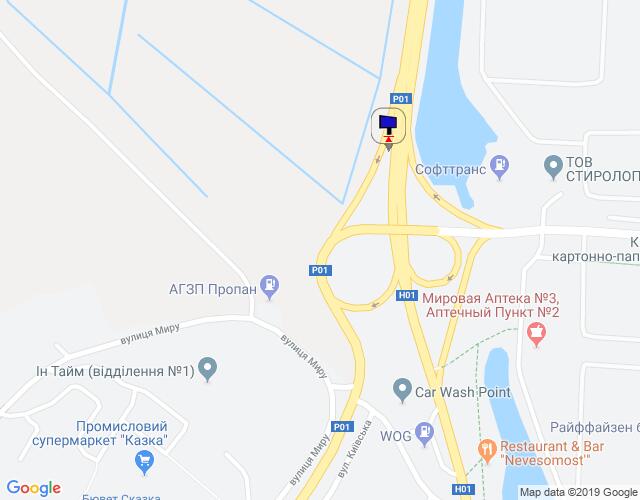 Билборд/Щит, Трассы, Дніпровське шосе, траса Н-01 "Київ-Знам'янка", км 43+200 право, розв'язка на м. Обухів та м. Українка, виїзд з м. Обухів в сторону м. Київ, правий