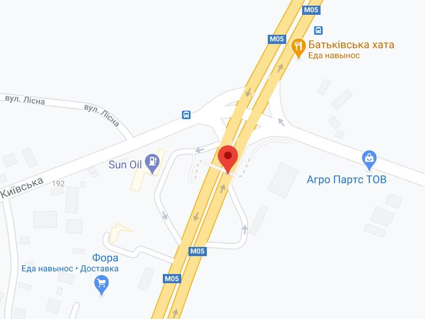 Реклама на мостах, Трассы, М-05 Одеська тр. 24+510 км від КПП. Шостий 2,20.16,20 від Києва - с. Глеваха, світлофор-перехреття, поворот на АЗС Sun Oil, Ресторан Батьківська Хата, в Київ