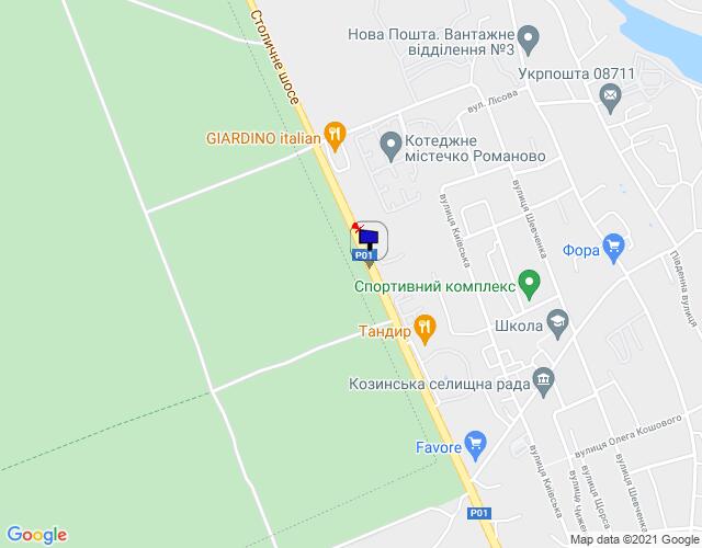 Билборд/Щит, Козин, Конча-Заспа, траса Р-01, км 29+250 право, через 410м після повороту на котеджне містечко "РОМАНОВО", через 300м після комплексу "Сезони SPA" та ресторану "Giardino", за 200м до ресторану "ТАНДИР"