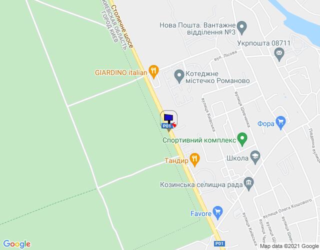 Билборд/Щит, Козин, Конча-Заспа, траса Р-01, км 29+250 право, за 410м до повороту на котеджне містечко "РОМАНОВО", за 300м до комплексу "Сезони SPA" та ресторану "Giardino", через 200м після ресторану "ТАНДИР"