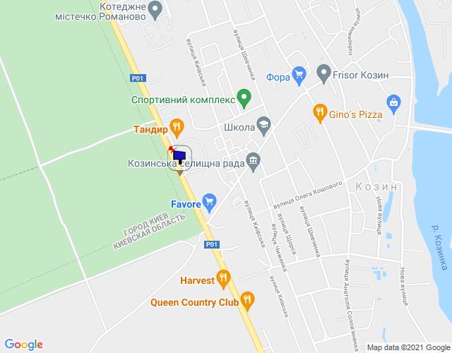 Билборд/Щит, Козин, Конча-Заспа, траса Р-01, км 29+600 право, через 750м після повороту на котеджне містечко "РОМАНОВО", парковка ресторану "ТАНДИР", за 200м до автобусної зупинки, за 220м до повороту на вул. Партизанська, за 300м до супермаркету "FAVORE"