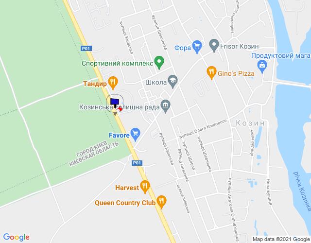 Билборд/Щит, Козин, Конча-Заспа, траса Р-01, км 29+600 право, за 750м до повороту на котеджне містечко "РОМАНОВО", парковка ресторану "ТАНДИР", через 200м після автобусної зупинки, через 220м після повороту на вул. Партизанська, через 300м після супермаркету "FAVORE"