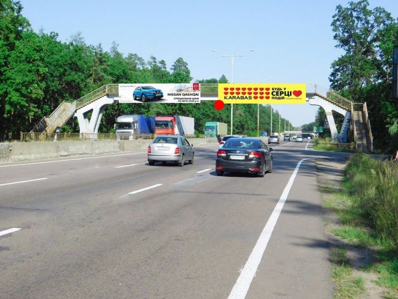 Арка/Реклама на мостах, Київ, Міст пішохідний через Велику Кільцеву дорогу, рух в напрямку до площі Т. Шевченка (праворуч)